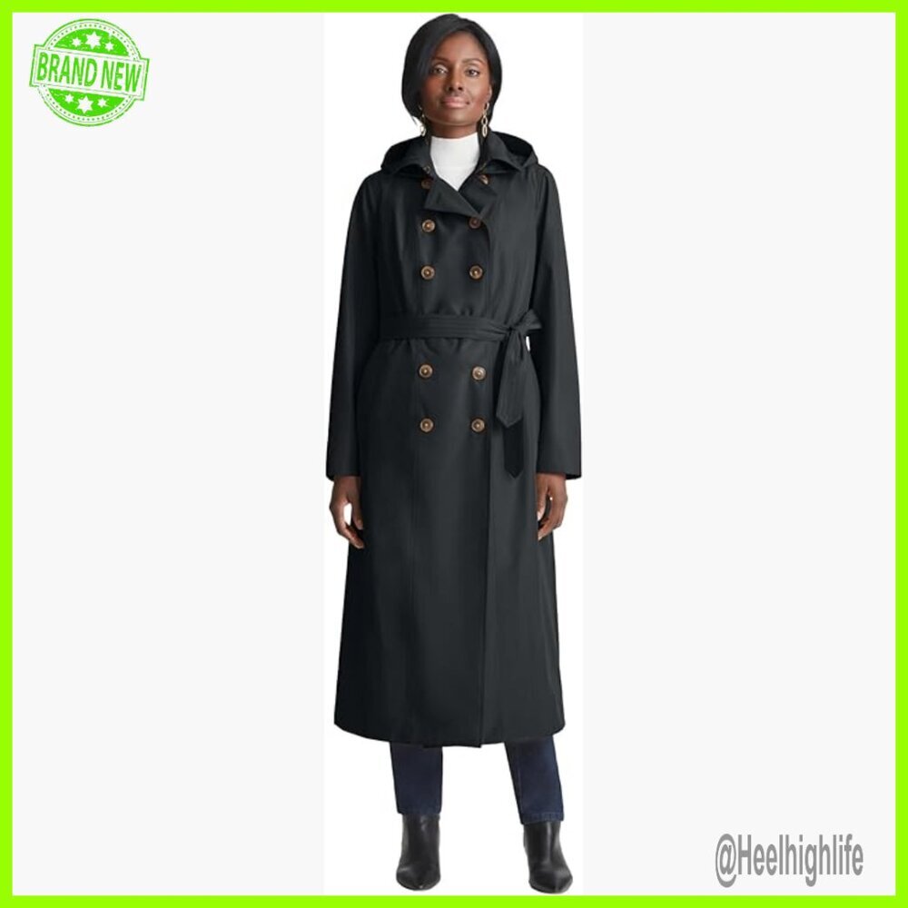 Plus Size Long Trench Raincoat Water Resistant Detachable Hood Tie Waist